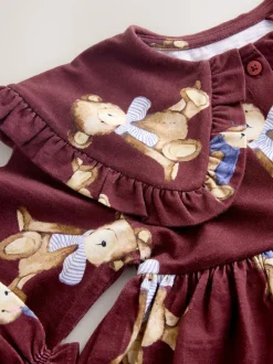 Next Burgundy Teddy Bear Long Sleeve Collared Dress (3mths-7yrs)