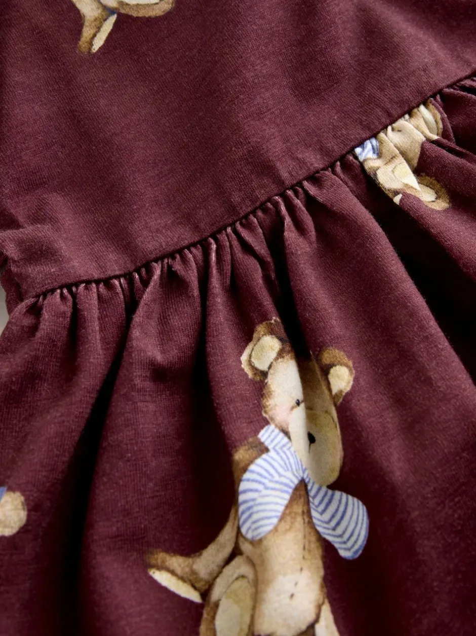 Next Burgundy Teddy Bear Long Sleeve Collared Dress (3mths-7yrs)