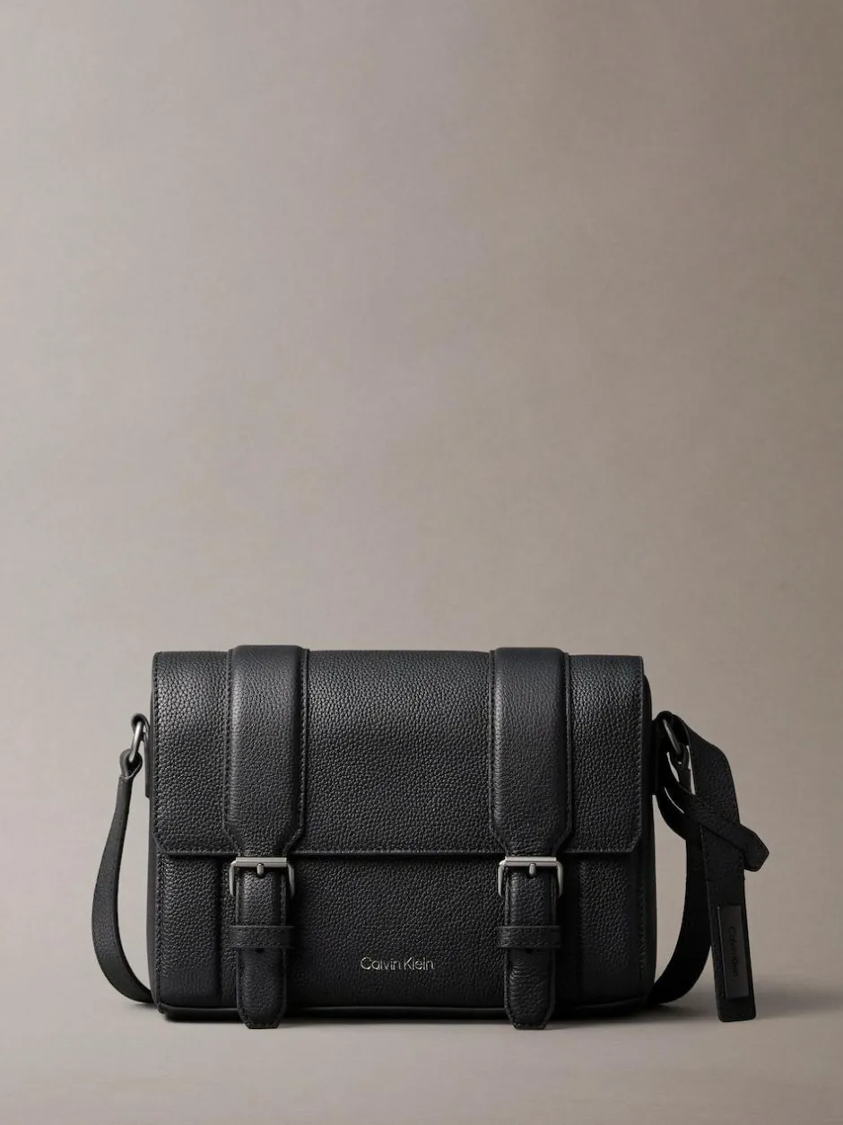 Calvin Klein Black Leather Flap Messenger Bag
