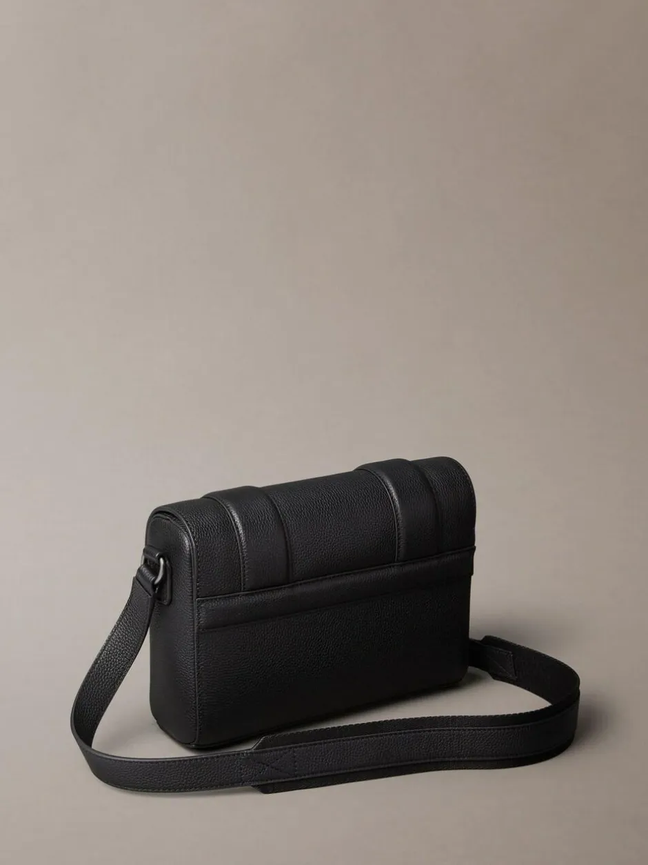 Calvin Klein Black Leather Flap Messenger Bag