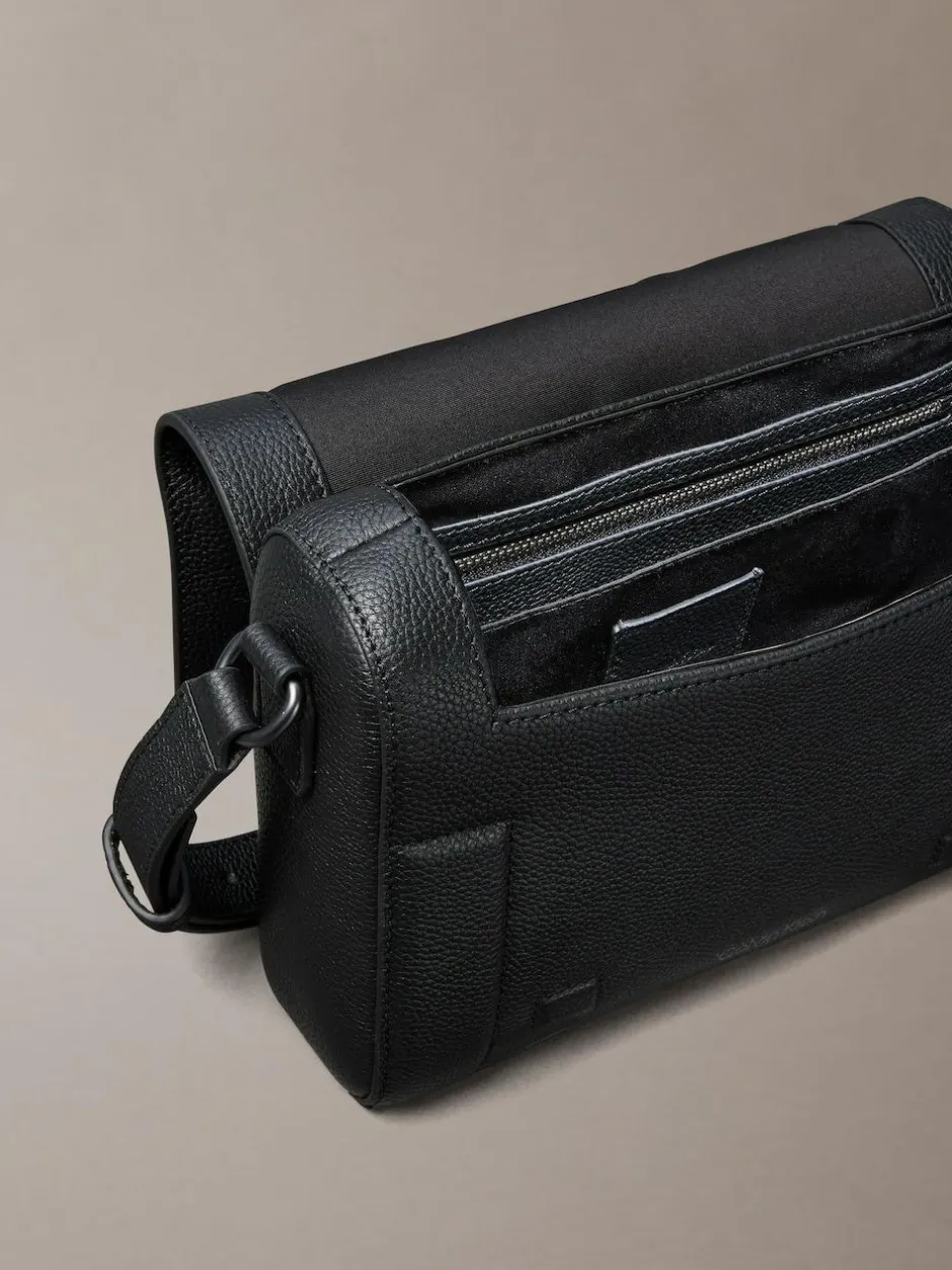 Calvin Klein Black Leather Flap Messenger Bag