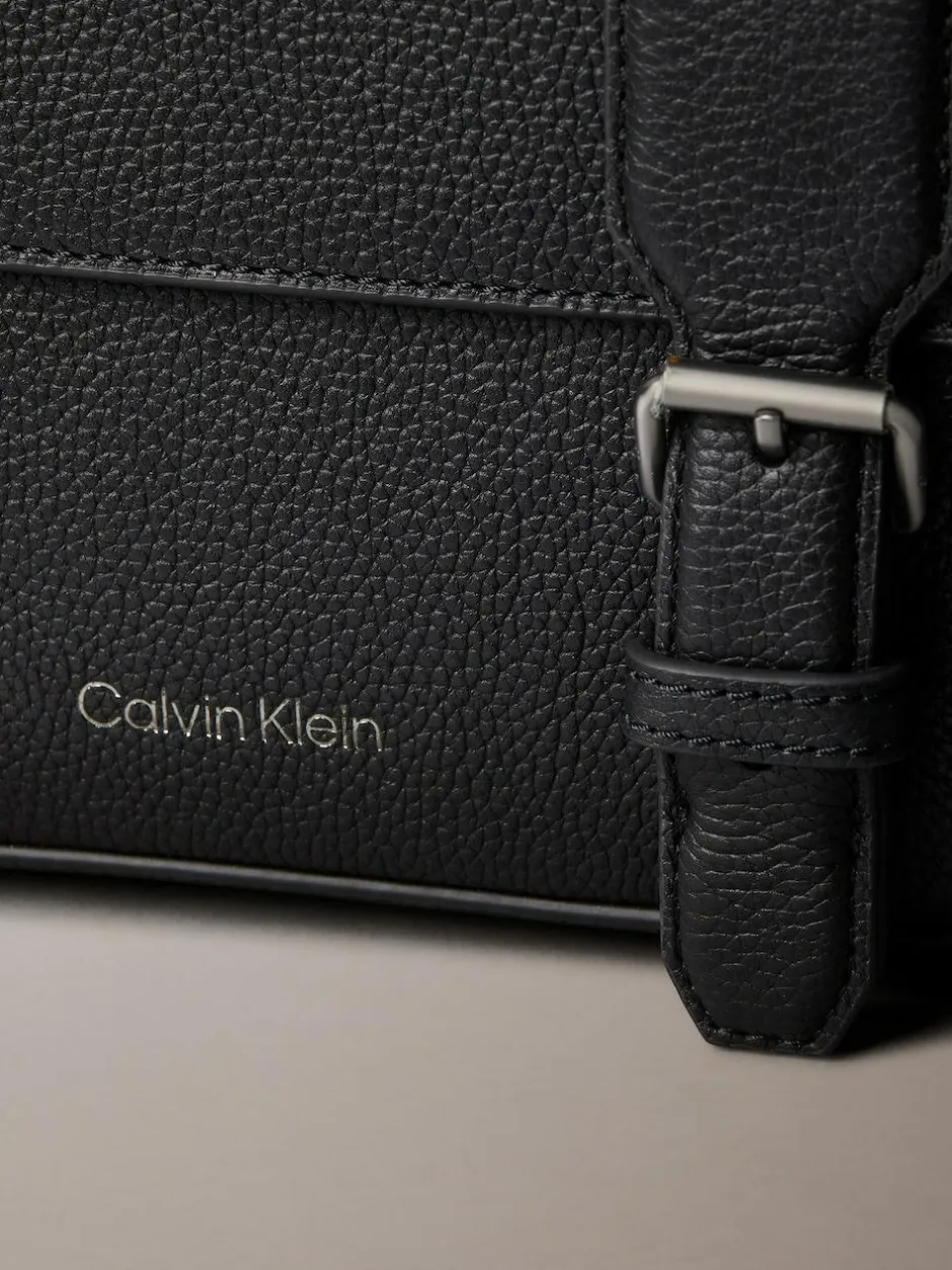 Calvin Klein Black Leather Flap Messenger Bag