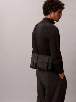 Calvin Klein Black Leather Flap Messenger Bag
