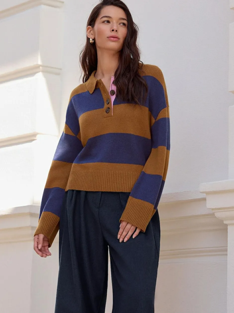 Next 100% Wool N.Premium Polo Jumper Camel Brown/Blue Stripe Sale