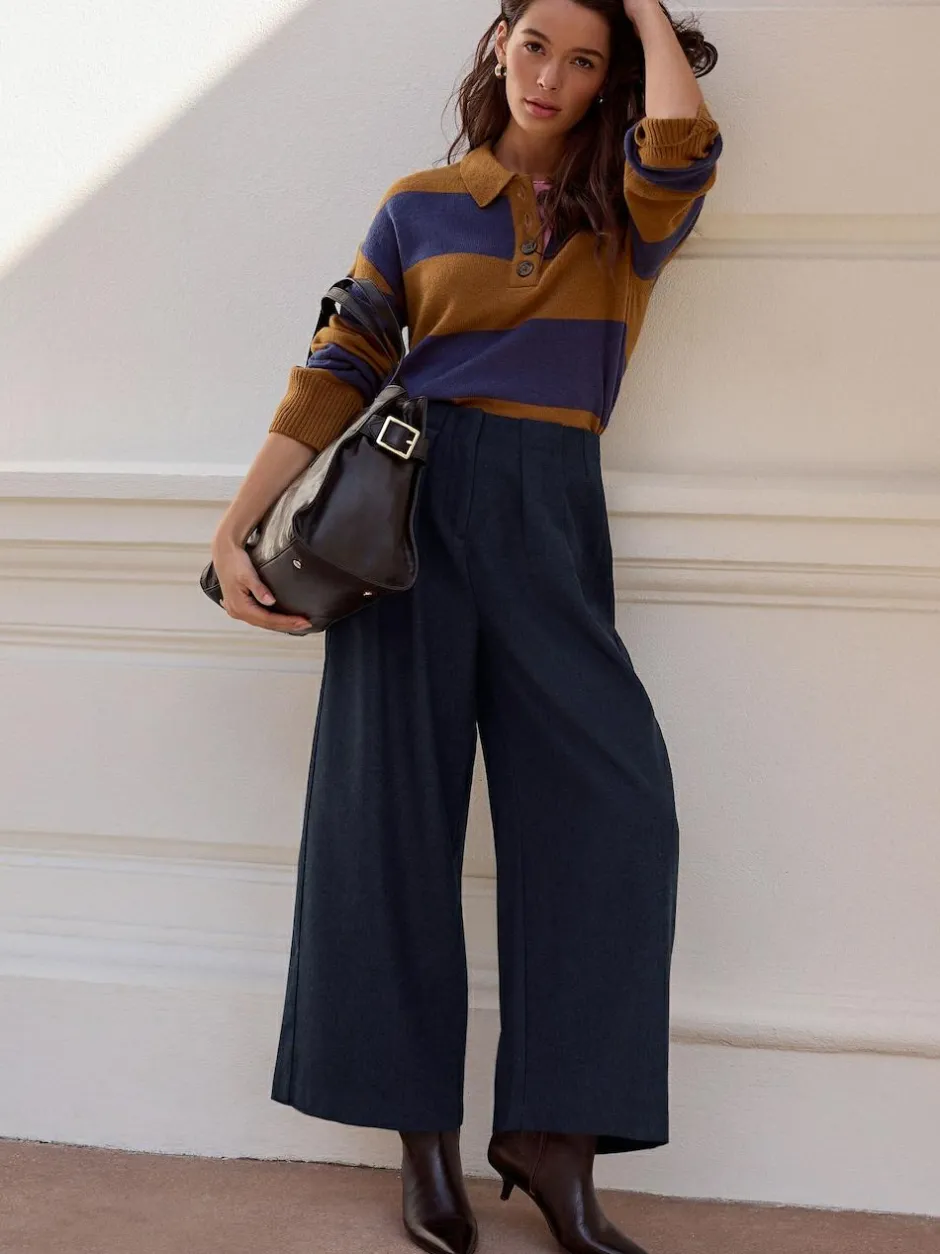 Next 100% Wool N.Premium Polo Jumper Camel Brown/Blue Stripe Sale
