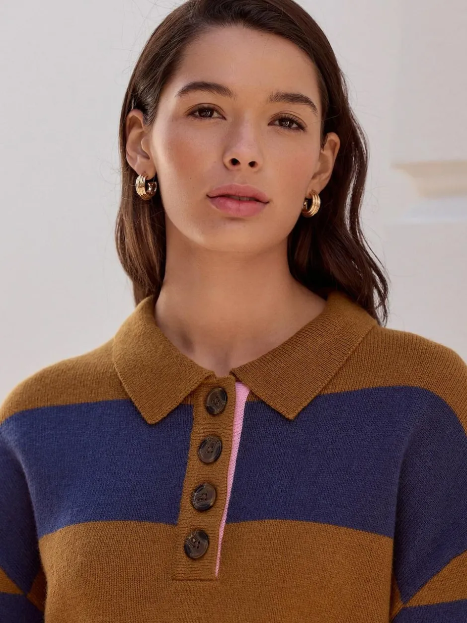 Next 100% Wool N.Premium Polo Jumper Camel Brown/Blue Stripe Sale