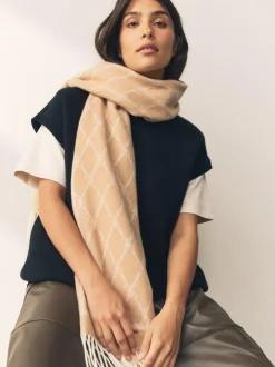 Next Premium Made in Italy Jacquard Monogram 100% Wool Midweight Scarf Camel Discount