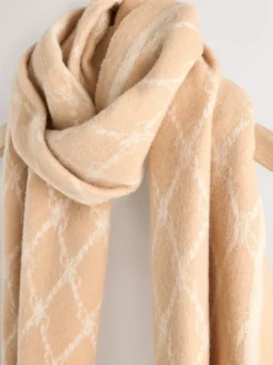 Next Premium Made in Italy Jacquard Monogram 100% Wool Midweight Scarf Camel Discount