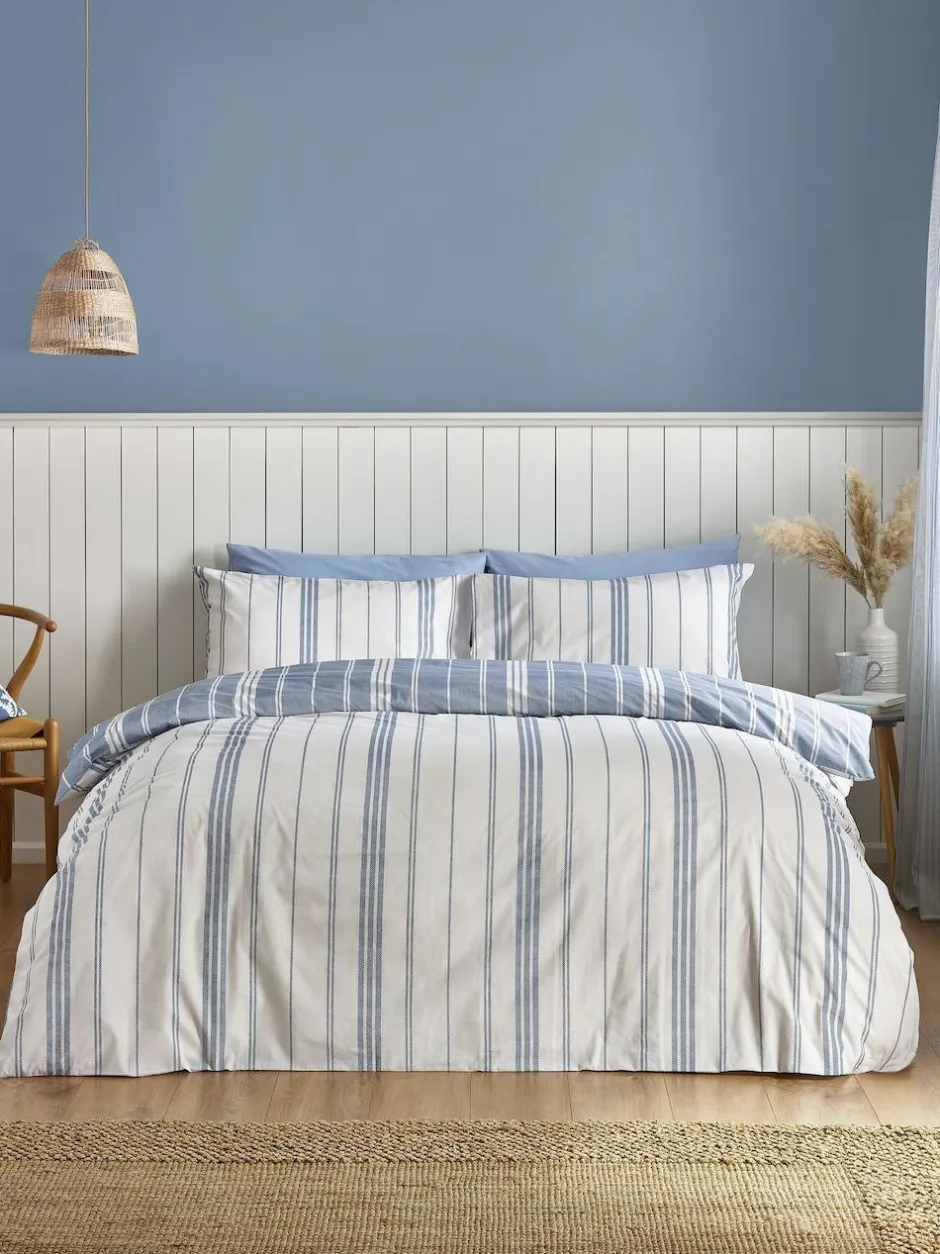 Catherine Lansfield Harbour Stripe Reversible Duvet Cover Set Blue Clearance