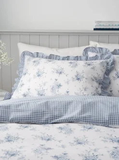 Catherine Lansfield Blue Lucie Floral Frill Reversible Duvet Cover Set Outlet