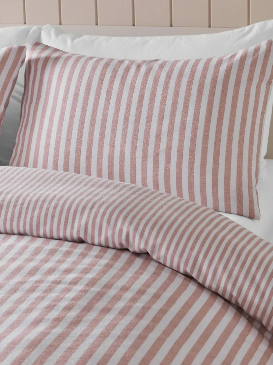 Catherine Lansfield Reversible Supersoft 100% Brushed Cotton Stripe Duvet Cover Set Blush Pink Clearance
