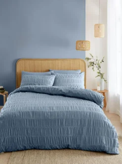 Catherine Lansfield Seersucker Easy Care Duvet Cover Set Chambray Blue Clearance
