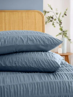 Catherine Lansfield Seersucker Easy Care Duvet Cover Set Chambray Blue Clearance