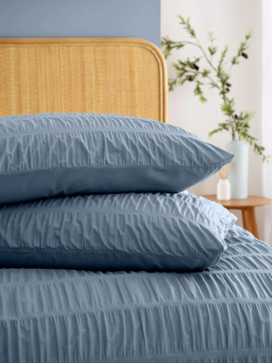Catherine Lansfield Seersucker Easy Care Duvet Cover Set Chambray Blue Clearance