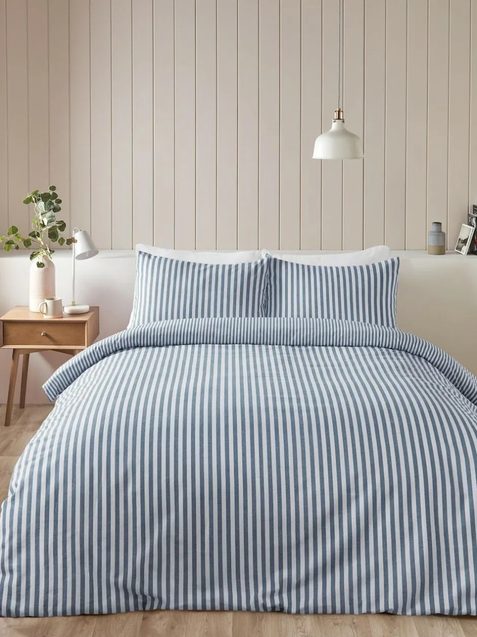 Catherine Lansfield Reversible Supersoft 100% Brushed Cotton Stripe Duvet Cover Set Chambray Blue Online