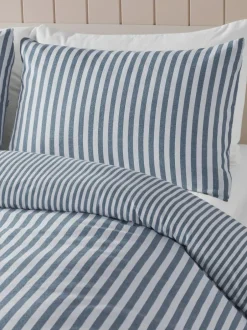 Catherine Lansfield Reversible Supersoft 100% Brushed Cotton Stripe Duvet Cover Set Chambray Blue Online