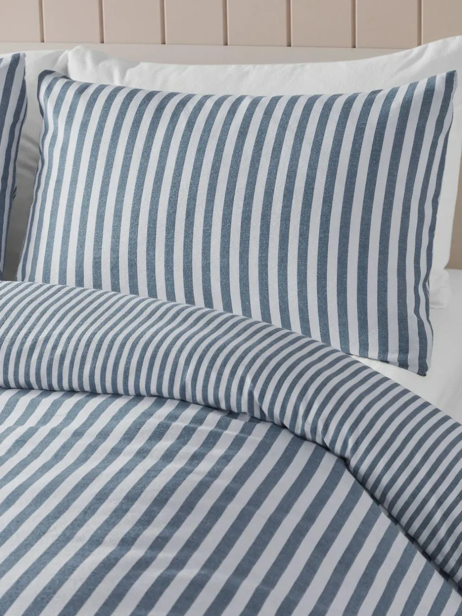 Catherine Lansfield Reversible Supersoft 100% Brushed Cotton Stripe Duvet Cover Set Chambray Blue Online