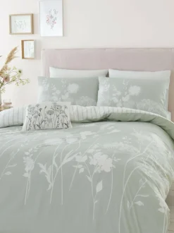 Catherine Lansfield Green/White Meadowsweet Floral Reversible Duvet Cover Set Outlet