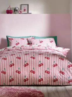 Catherine Lansfield Pink Disco Cherries Stripes Reversible Duvet Cover Set Online