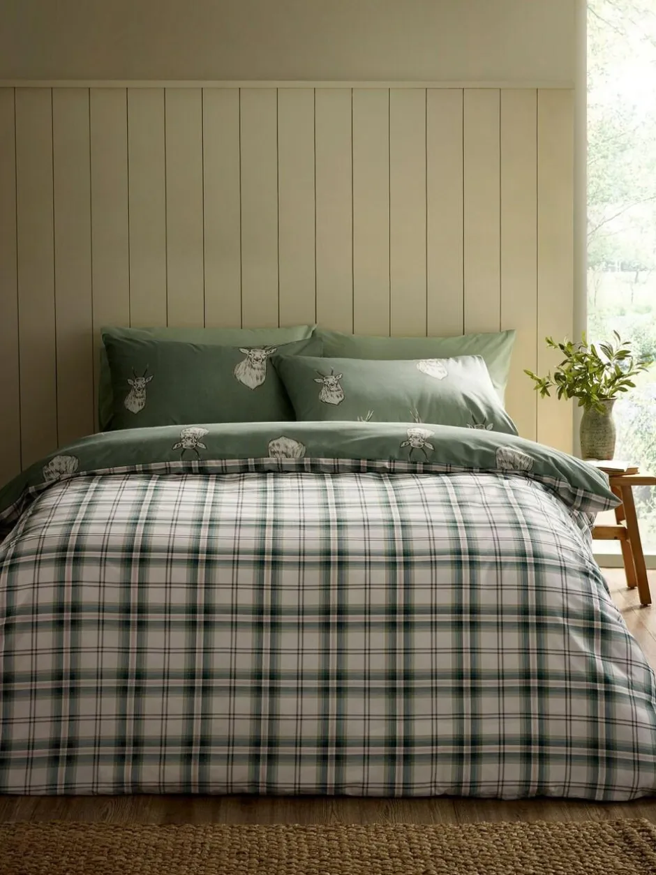 Catherine Lansfield Soft Green Christmas Stag Check Reversible Duvet Cover Set Best