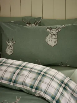 Catherine Lansfield Soft Green Christmas Stag Check Reversible Duvet Cover Set Best