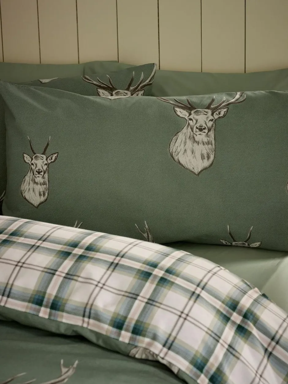 Catherine Lansfield Soft Green Christmas Stag Check Reversible Duvet Cover Set Best