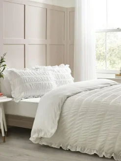 Catherine Lansfield Seersucker Frill Duvet Cover Set White Outlet
