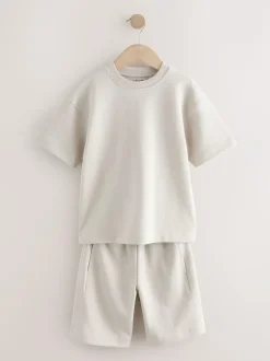 Next Relaxed Fit Heavyweight T-Shirt and Shorts Set (3-16yrs) Cement Sale
