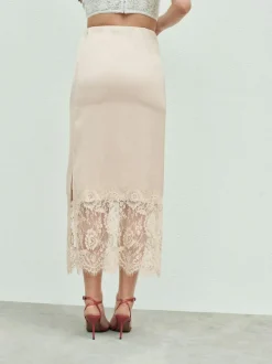 Next Satin Midi Skirt With Lace Trim Champagne Gold Outlet