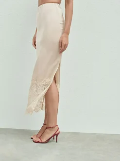 Next Satin Midi Skirt With Lace Trim Champagne Gold Outlet