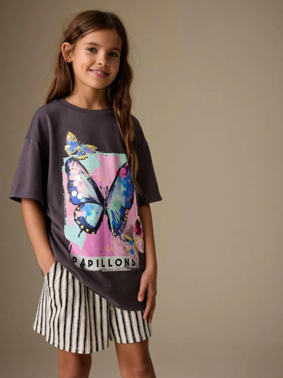 Next Charcoal Grey Butterfly Sequin Oversized T-Shirt (3-16yrs) Clearance