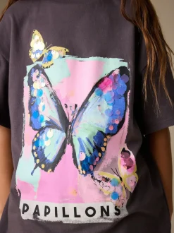 Next Charcoal Grey Butterfly Sequin Oversized T-Shirt (3-16yrs) Clearance