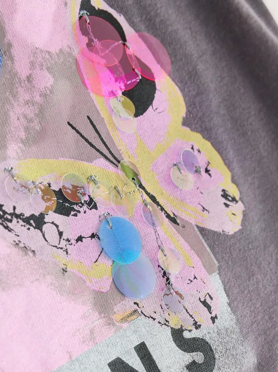 Next Charcoal Grey Butterfly Sequin Oversized T-Shirt (3-16yrs) Clearance
