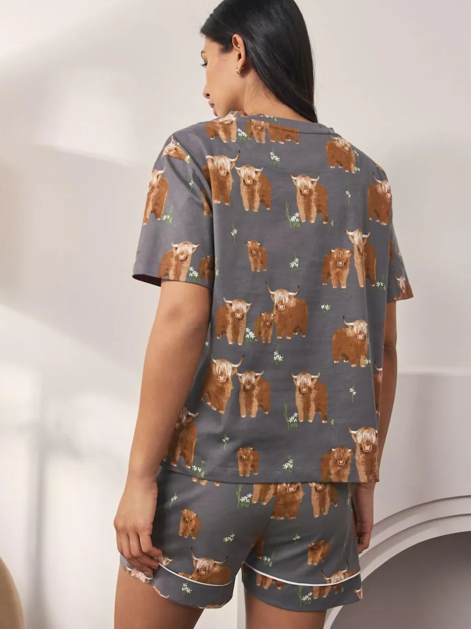 Next 100% Cotton Short Set Pyjamas Charcoal Grey Hamish The Highland Cow Hot