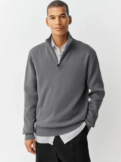Next Charcoal Grey Plain N.Premium Regular Fit 100% Cotton Premium Quarter Zip Jumper Hot