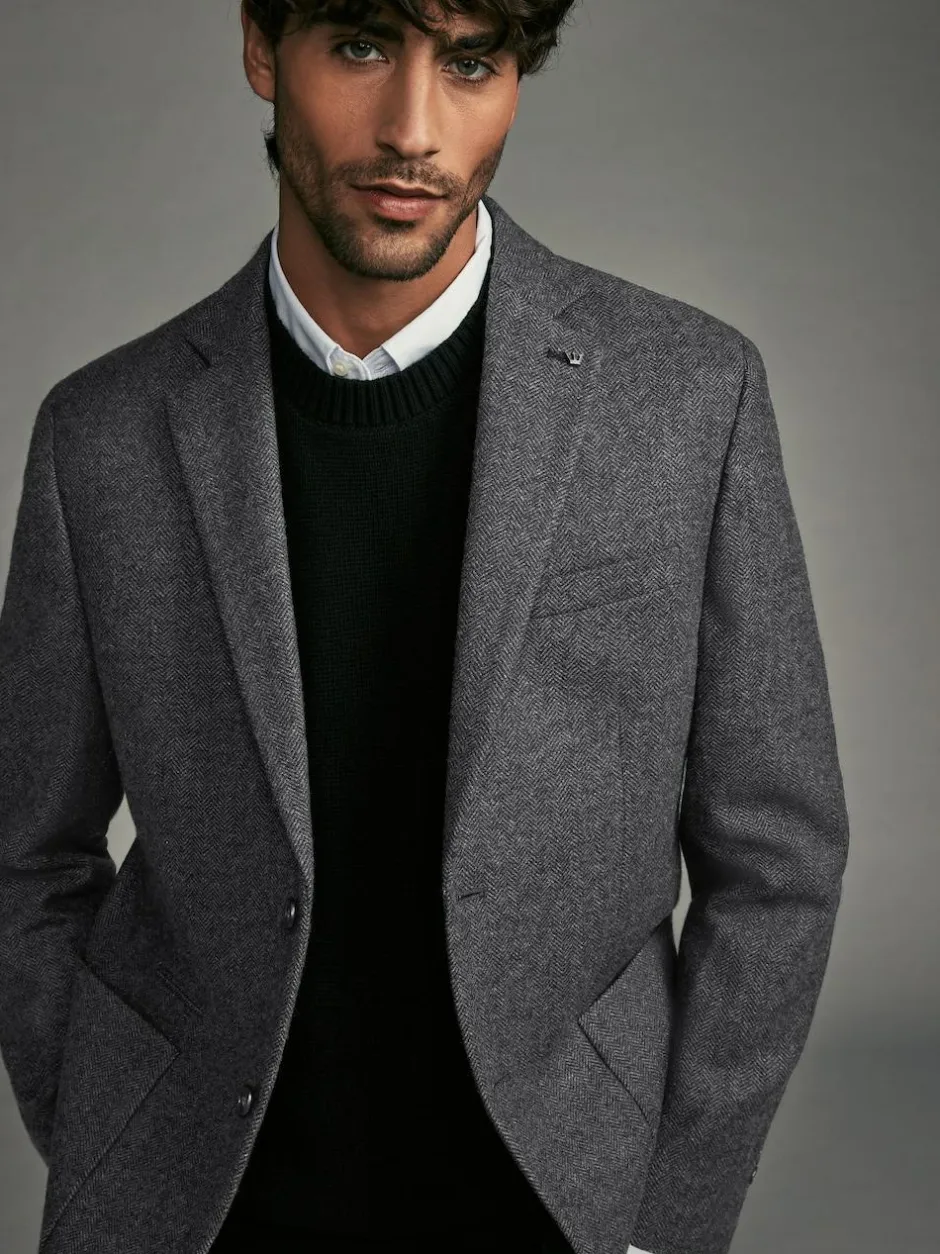 Next Regular Fit Wool Rich Herringbone Blazer Charcoal Grey