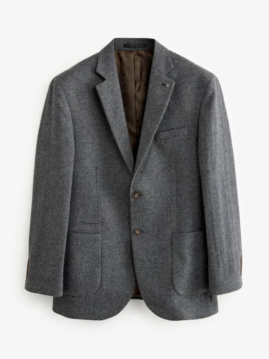 Next Regular Fit Wool Rich Herringbone Blazer Charcoal Grey
