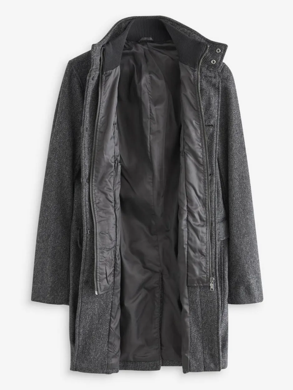 Next Wool Blend Mock Gilet Herringbone Padded Coat Charcoal Grey New