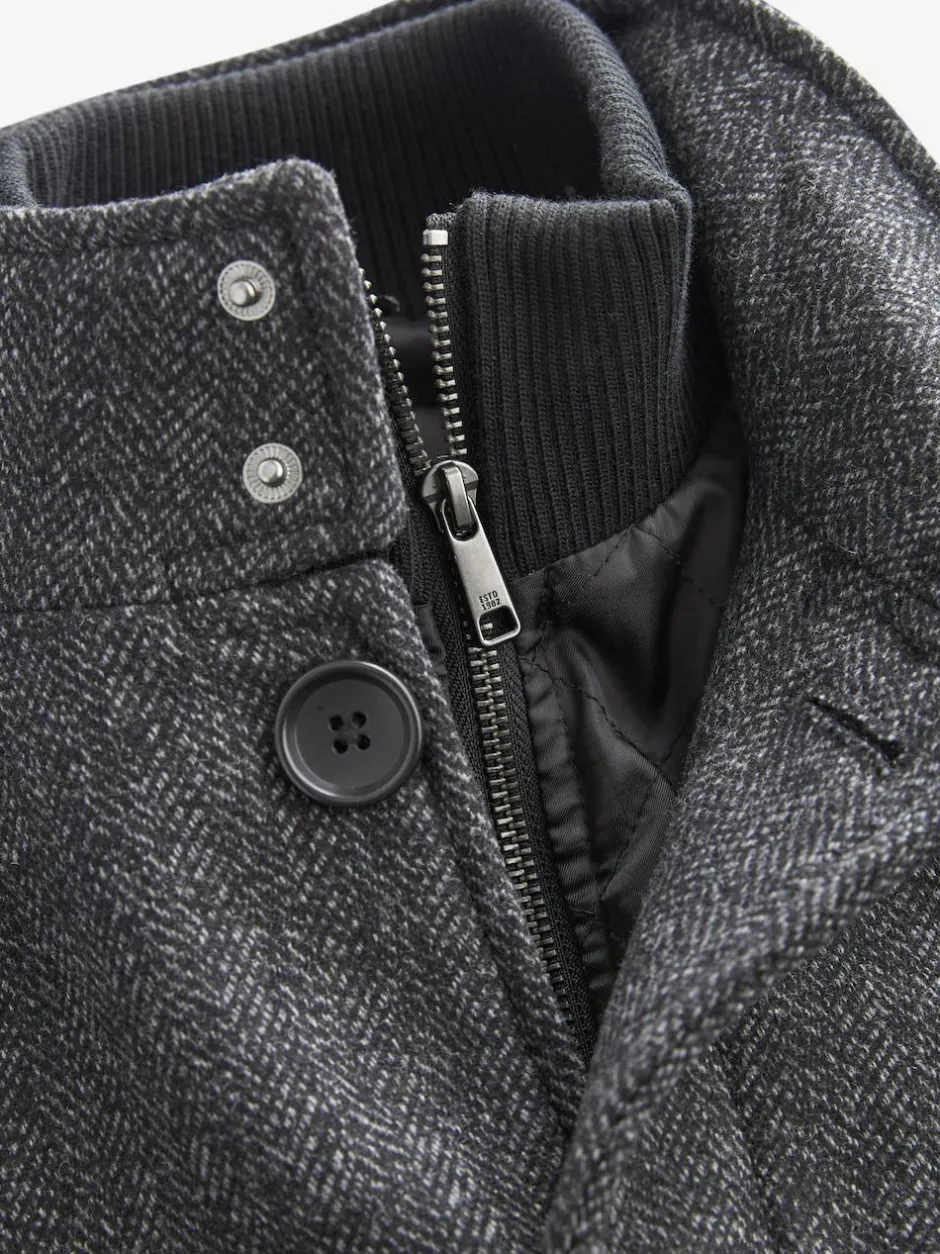 Next Wool Blend Mock Gilet Herringbone Padded Coat Charcoal Grey New