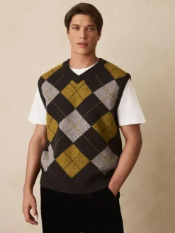 Next Charcoal Grey/Ochre Yellow Relaxed Fit Argyle Knitted V-Neck Tank with Wool Online