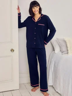 Chelsea Peers Blue Cotton Embroidered Good Morning Long Pyjamas Set Sale