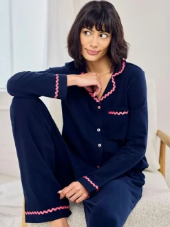 Chelsea Peers Blue Cotton Embroidered Good Morning Long Pyjamas Set Sale