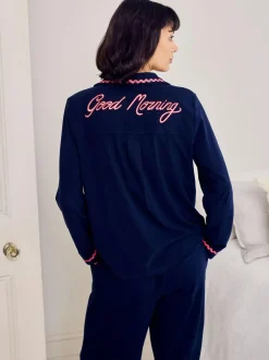 Chelsea Peers Blue Cotton Embroidered Good Morning Long Pyjamas Set Sale