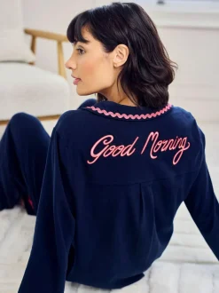 Chelsea Peers Blue Cotton Embroidered Good Morning Long Pyjamas Set Sale