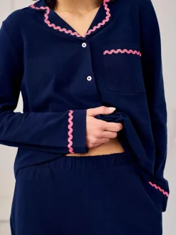 Chelsea Peers Blue Cotton Embroidered Good Morning Long Pyjamas Set Sale