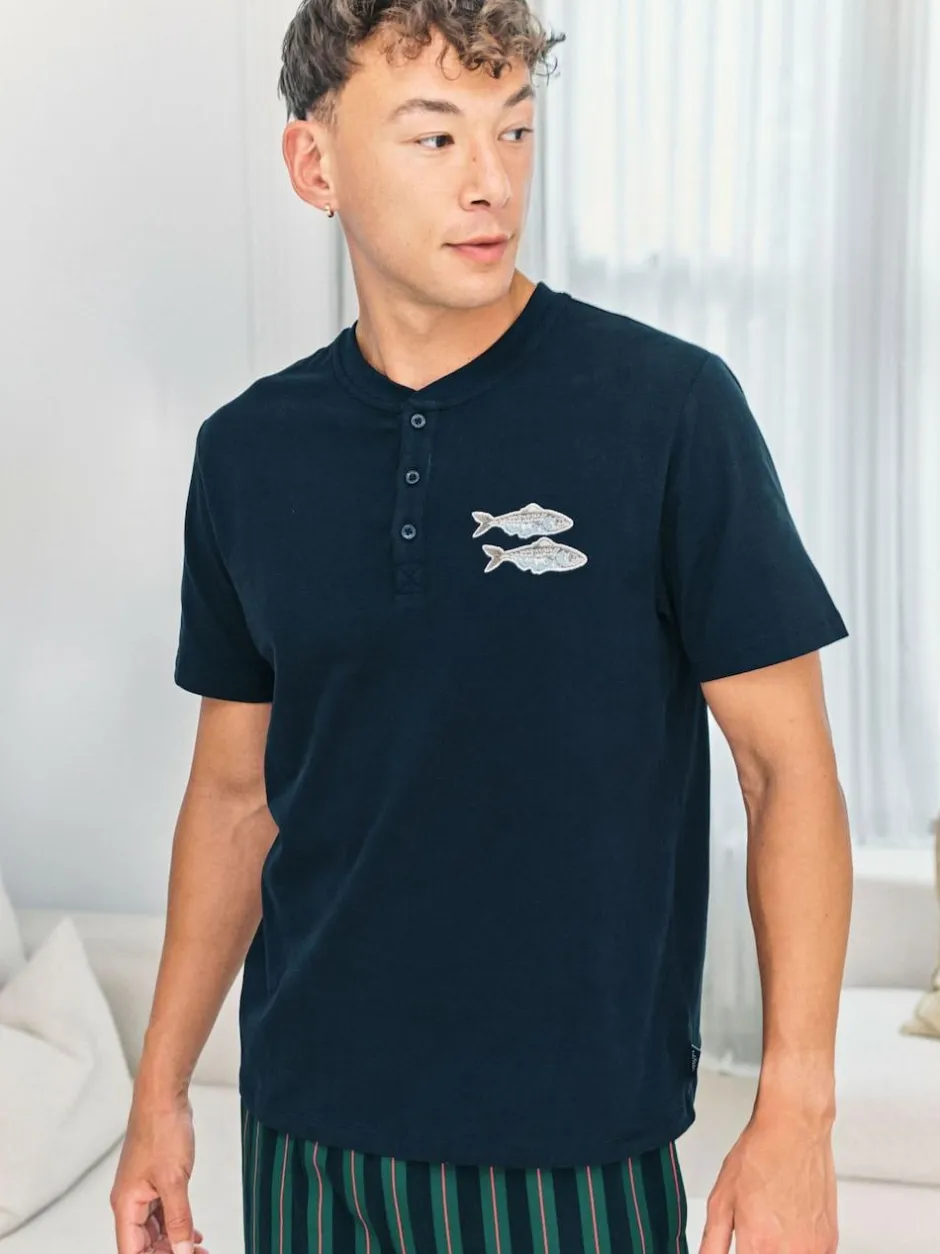 Chelsea Peers Blue Embroidered Fish Henley Stripe Long Pyjama Set