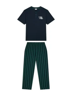 Chelsea Peers Blue Embroidered Fish Henley Stripe Long Pyjama Set