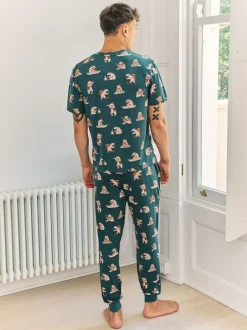 Chelsea Peers Blue Wilderness Bear Print Long Pyjamas Set Hot