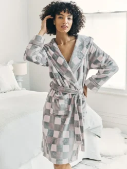 Chelsea Peers Cream Fleece Check Hooded Dressing Gown Best