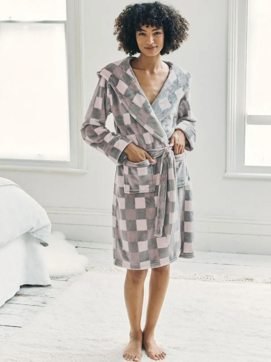 Chelsea Peers Cream Fleece Check Hooded Dressing Gown Best